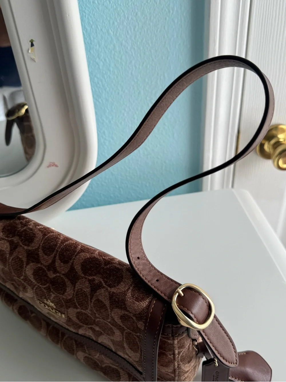 Coach Brown Signature Jacquard Shoulder Bag with Leather Trim